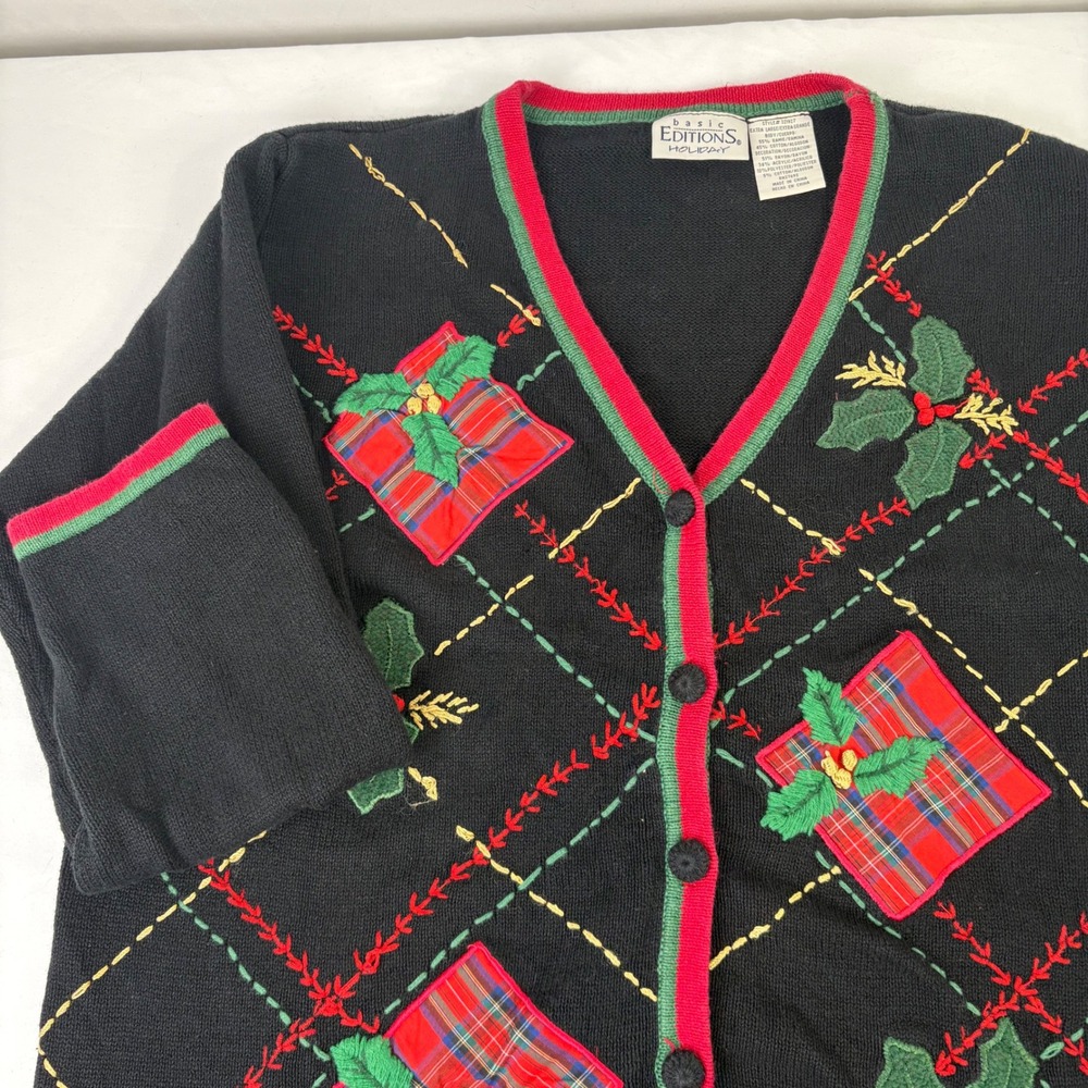 Basic Editions Vintage Holiday Black Plaid  Ugly Christmas Sweater Cardigan XL‎